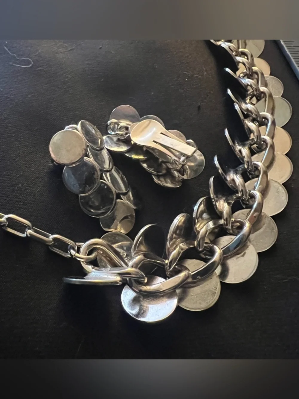 3-pc Vintage Silver Chainmail Choker Necklace Earrings Set Clip Disc Earrings - Picture 5 of 6
